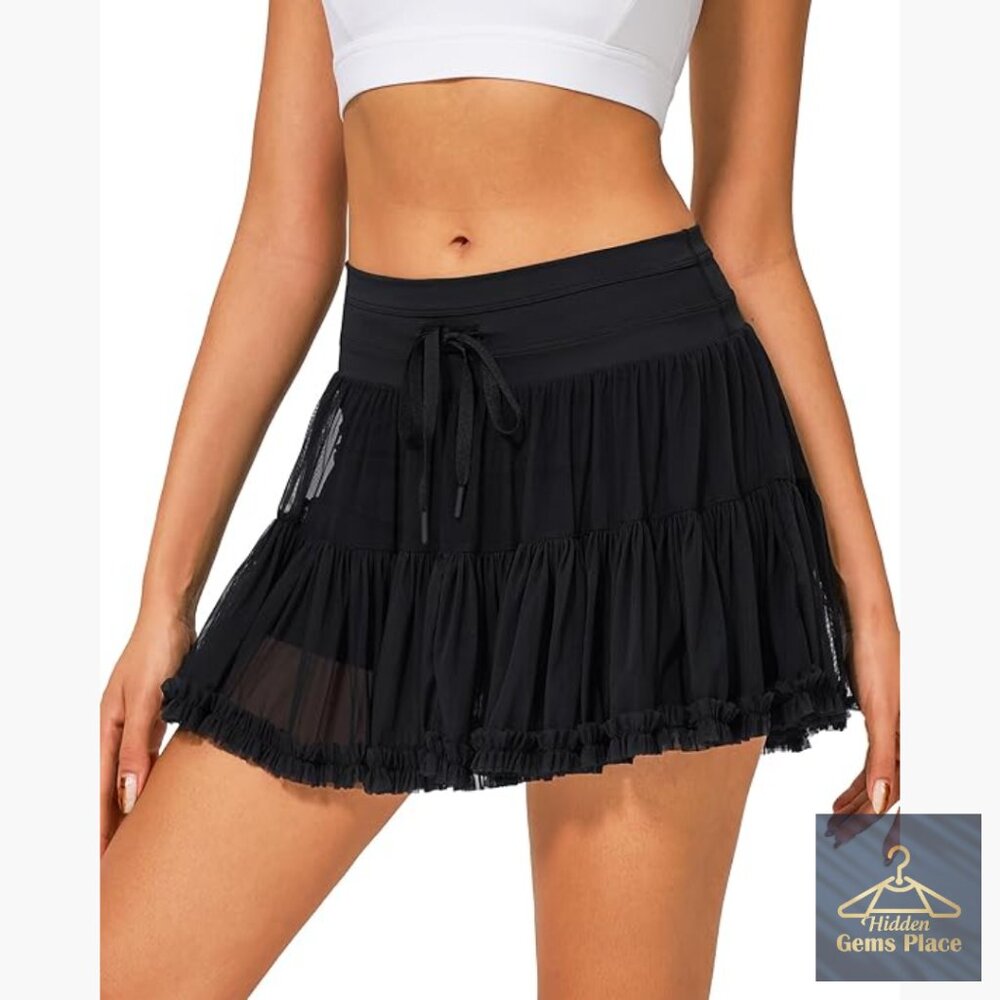 High Waist Athletic Skort with Built-In Shorts and Pockets, Flowy Ruffle Hem